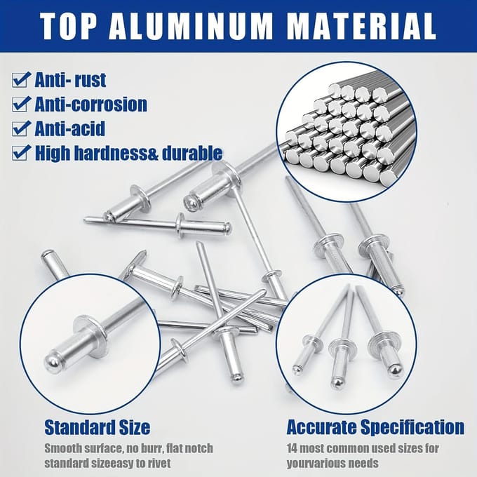 620 stuks Aluminium Blindklinknagels, 14 Maten Popnagels Assortimentskit, 1/8  3/16 3/32  5/32  Diameter Blindklinknagelset 1set