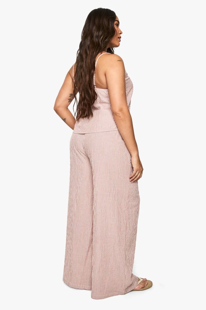 boohoo Dames Plus geweven gestreepte broek met elastische taille en wijde pijpen | Terracotta | Maat: 56