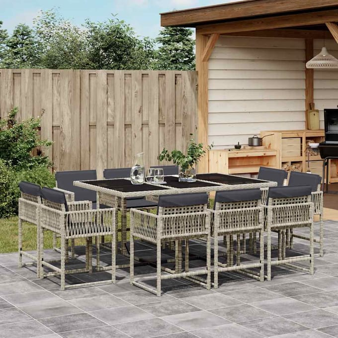 vidaXL - 11-delige - Tuinset - met - kussens - poly - rattan - lichtgrijs