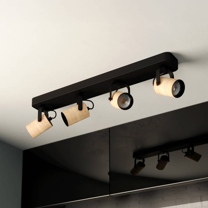 EGLO Cayuca plafondspot, zwart/houten decor, 4-lamps