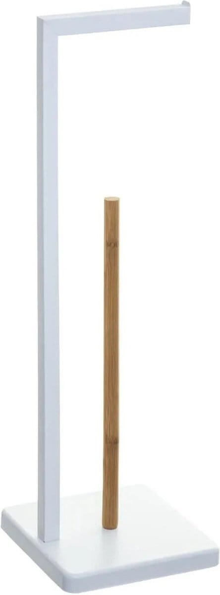 5five Toiletrolhouder - met reservoir - wit - metaal - bamboe - 64 cm - Wc-rol houder