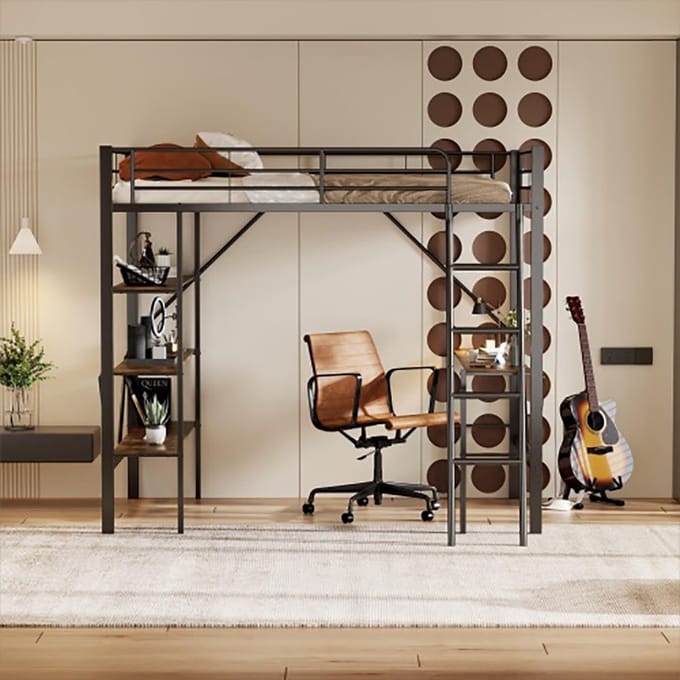 KOMHTOM Bed Stapelbed 90x200 cm Tussenbed met bureau en drie grote planken Zwart