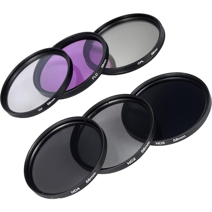 Kit de filtres d'objectif 58mm UV+CPL+FLD+ND(ND2 ND4 ND8) avec Étui de Transport   Bouchon d'Objectif   Support de Bouchon d'Objectif   Objectif Tulipe et Caoutchouc gray