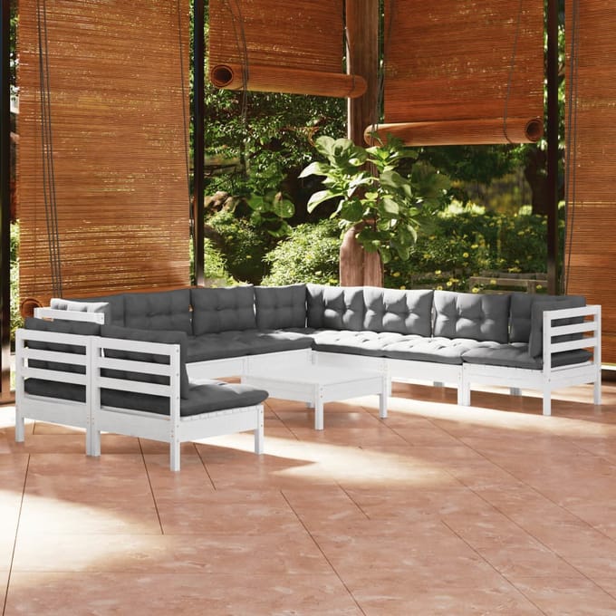 vidaXL - 10-delige - Loungeset - met - kussens - massief - grenenhout - wit