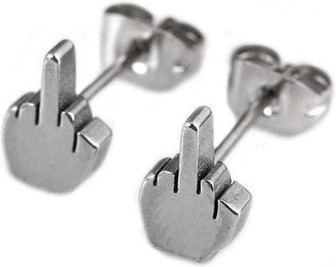 Stud oorbellen edelstaal Middle Finger Zilverkleurig