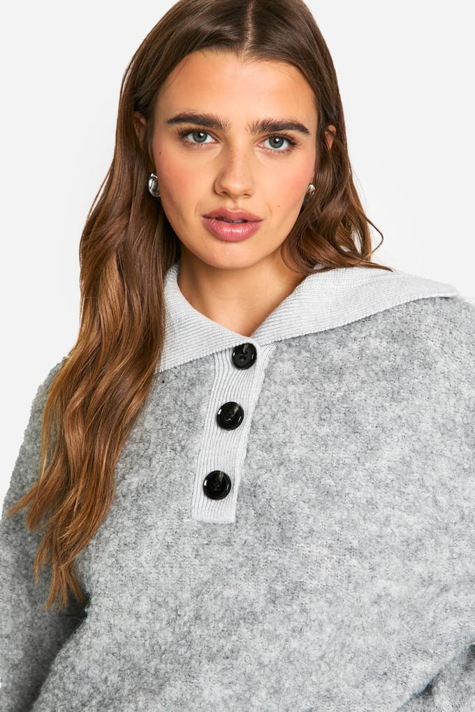 boohoo Dames Gebreide oversized trui met geribbelde kraag en knoopsluiting | Grey Marl | Maat: Medium