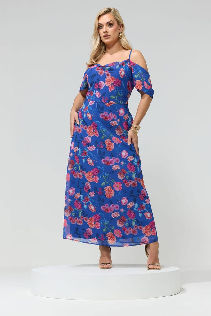 Yours London Blauwe Bloemenjurk Met Open Schouders Size 42