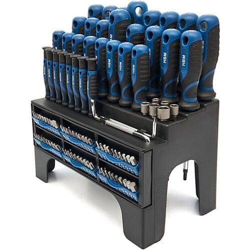 HBM 100-delige soft grip schroevendraaier-, dopsleutel- en bitset met sleuf, hex, Philips, Pozidriv, Torx en binnenvierkant