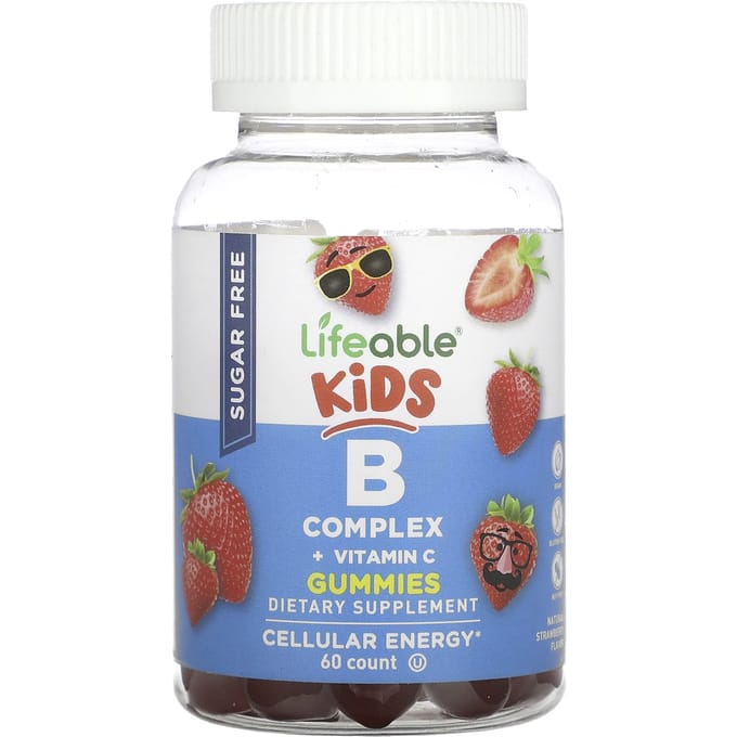 Lifeable, Kids B Complex + Vitamine C gummies, suikervrij, natuurlijke aardbeismaak, 60 gummies