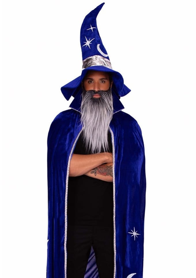 Leg Avenue - 3 PC Wizard Kit, Cape, Hat and Beard Kostuum Accessoire Set - Blauw