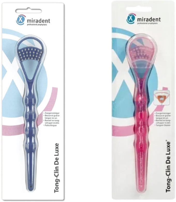 2x Miradent Tongschraper Tong-Clin Deluxe - Roze & Blauw