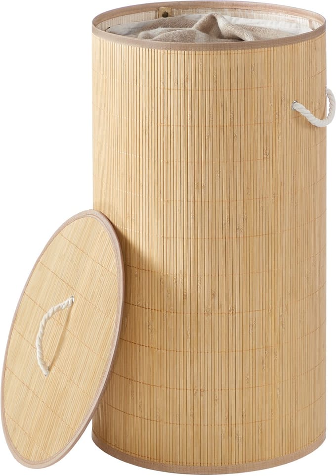 SONGMICS - Wasmand - Wasmand met Deksel - Bamboe - Opvouwbaar - Rond Design