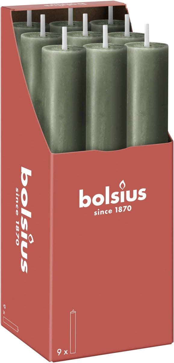Bolsius - 9 Dinerkaarsen Rustiek - Groen - 13 branduren