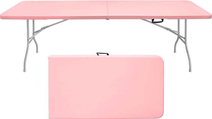 MODFU Buitentafel 244x76x73,6 cm van kunststof en ijzer, inklapbaar met handgreep, roze