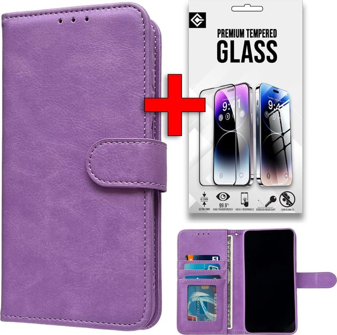 Casemania Hoesje & Glas Geschikt voor Apple iPhone 16 Plus - Paars - Portemonnee Book Case - Glazen Screenprotector