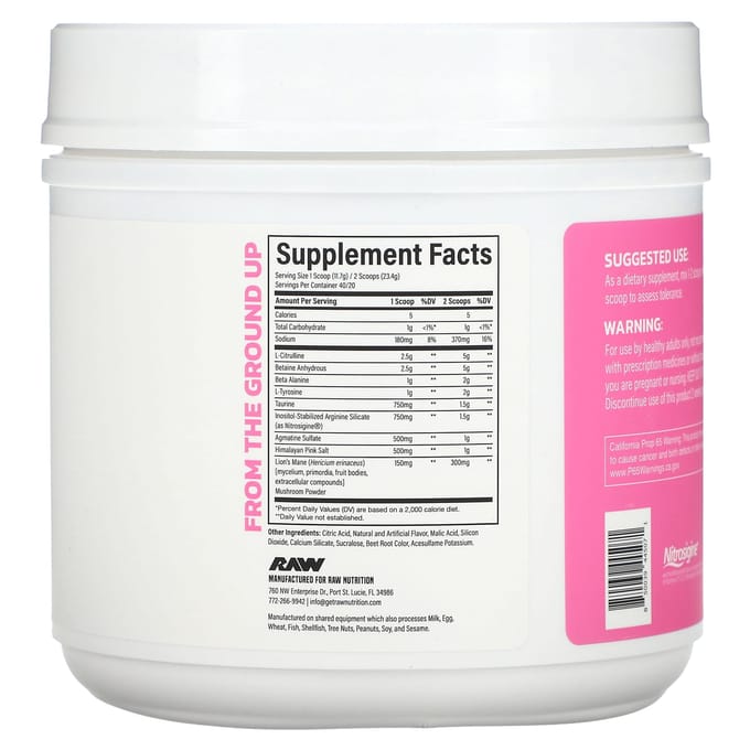 Raw Nutrition, Pump, Sans Stimulants, Limonade Framboise, 1,03 lb (468 g)