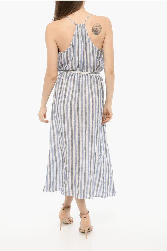 Awning gestreepte linnen maxi-jurk met riem in Bianco, Blu