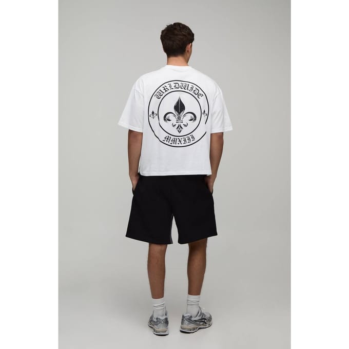 Oversized Boxy Fleur De Lis T-Shirt & Baggy Short Set | White | Size Medium