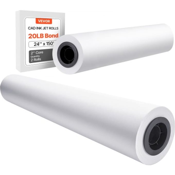 VEVOR Breedformaat papierrollen 609,6 mm (B) / 45,7 m (L), 2 rollen 20 lb Plotterpapierrollen ideaal voor CAD-tekeningen, technische plannen, GIS-kaarten, architectonische ontwerpen, plotterpapier