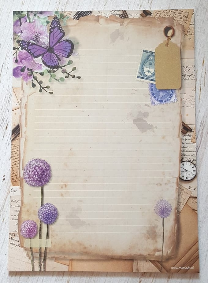 Briefpapier 24 vellen A4 formaat - Purple Flowers - Meer Leuks - Postpapier