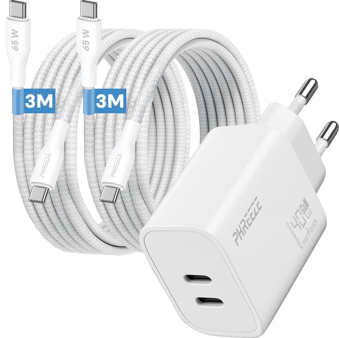 Phreeze usb C adapter 40 W - Twee usb C poorten - Power Delivery snellader met 2x usb C naar usb C kabels 3 meter