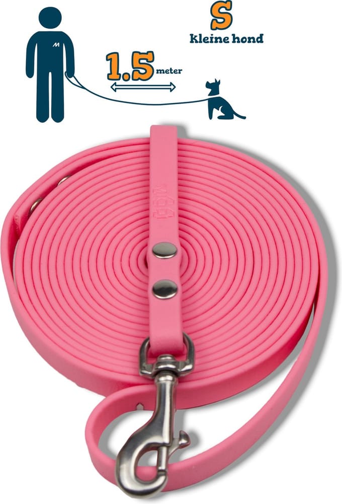 Miqdi hondenriem - BioThane ® - pastel roze - 1.5 meter lang - 9 mm breed - XS/S - kleine hond