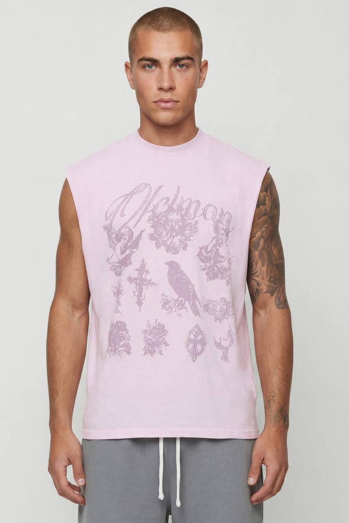Gewassen Roze Oversized Tanktop Met Tonale Gothic Print | Washed Pink | Size Medium