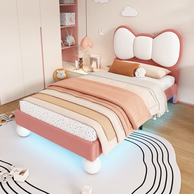 MODFU - Kinderledikant – 90x200 cm – Gestoffeerd fluweel – Vlindervormig hoofdbord – LED – Beige/Roze