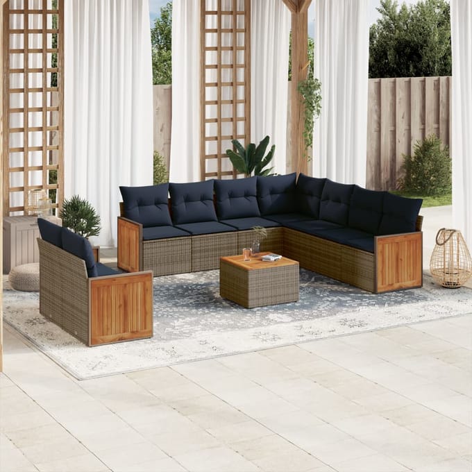 vidaXL - 10-delige - tuinbankset - met - kussens, - grijs - polyrotan