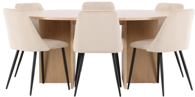 Strada eethoek uittrekbare tafel Ø120cm, 170cm en 6 stoelen whitewash, beige.