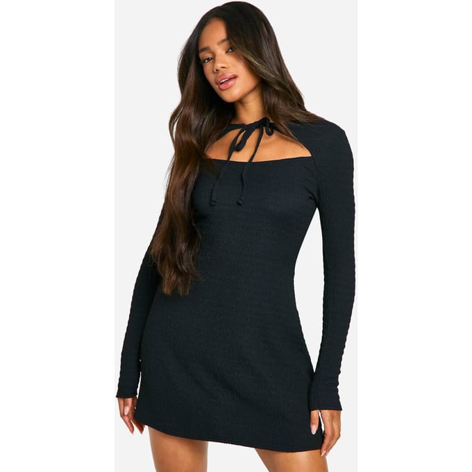 boohoo Dames Getextureerde strik-front skaterjurk | Black | Maat: 6