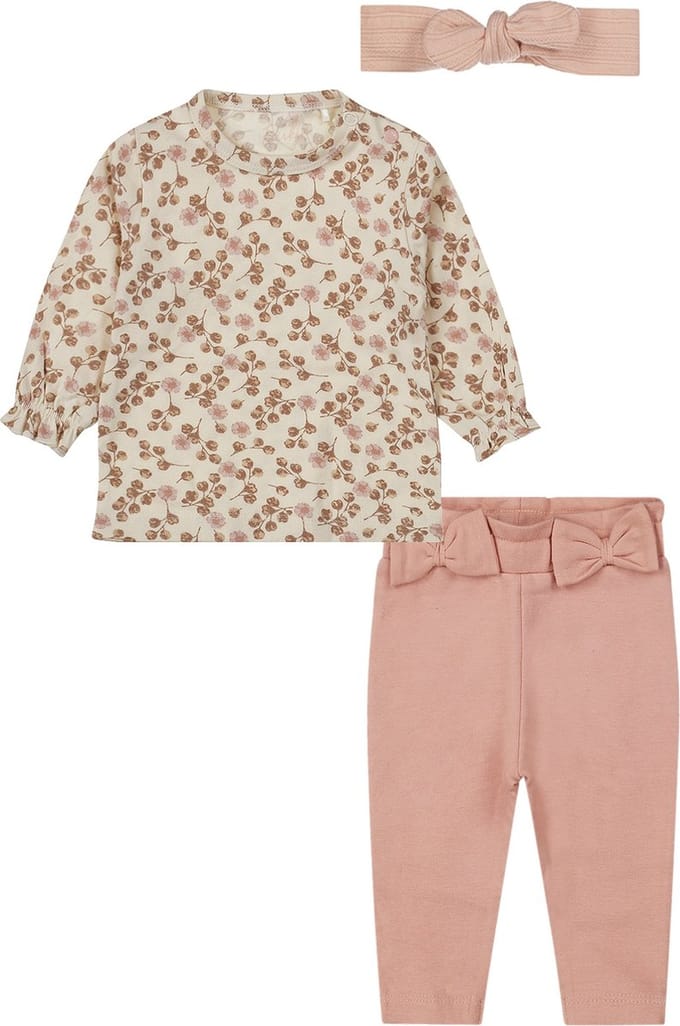 Dirkje - Basic Collection - BIO COTTON - Broek met 2 strikjes light pink- Shirt met bloemen - haarband - Maat 62