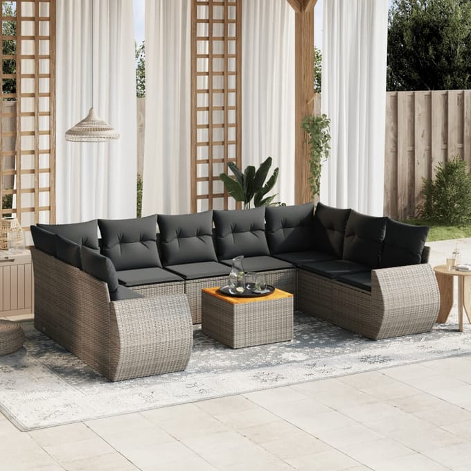 vidaXL - 10-delige - Loungeset - met - kussens - poly - rattan - grijs