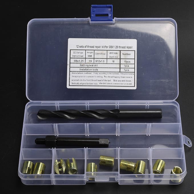 Kit de réparation de filetage 12 pièces M8 x 1,25 Inserts filetés auto-taraudeurs Jeu d'outils white