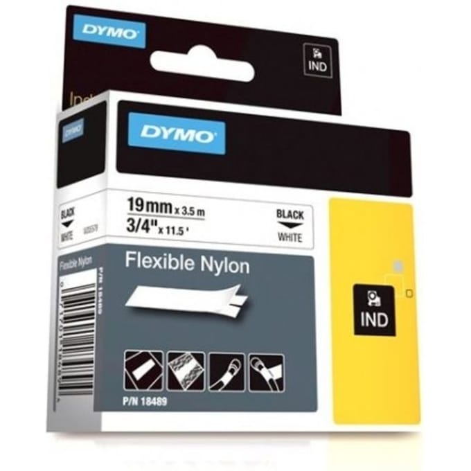Labeltape dymo rhino industrieel nylon 19mm zwart Op wit