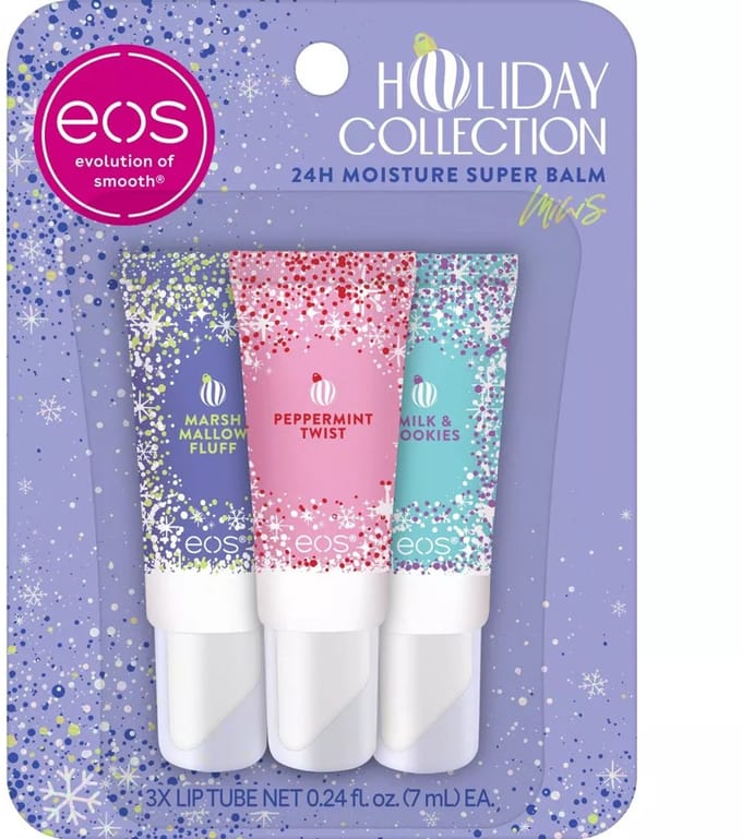 eos Holiday Mini Super Balms - Peppermint Twist, Milk & Cookies, Marshmallow Fluff - 3x 7ml