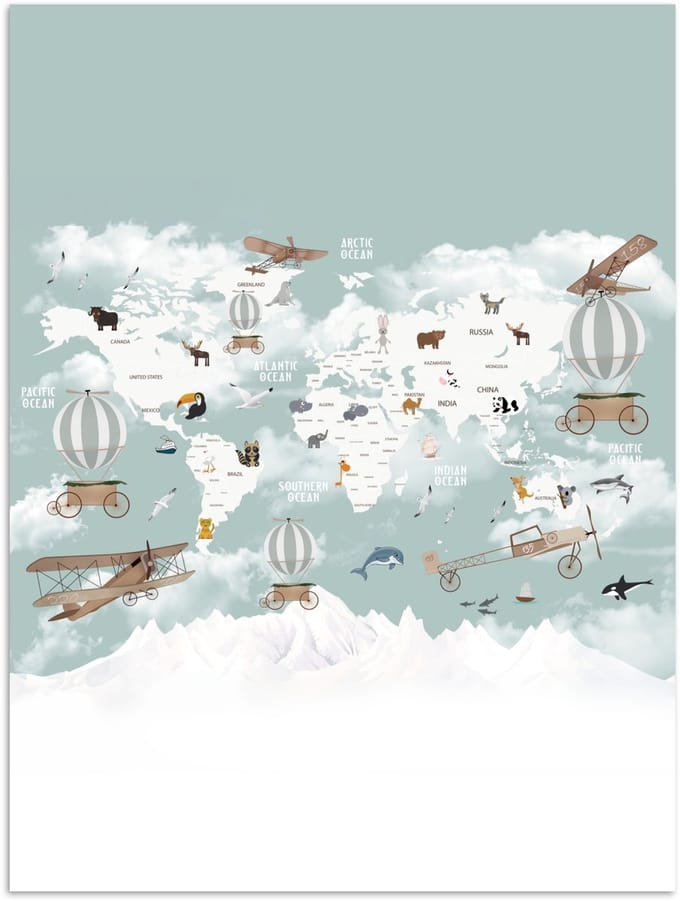 Wereldkaart - Kind - Vliegtuig - 120x160 cm - Poster