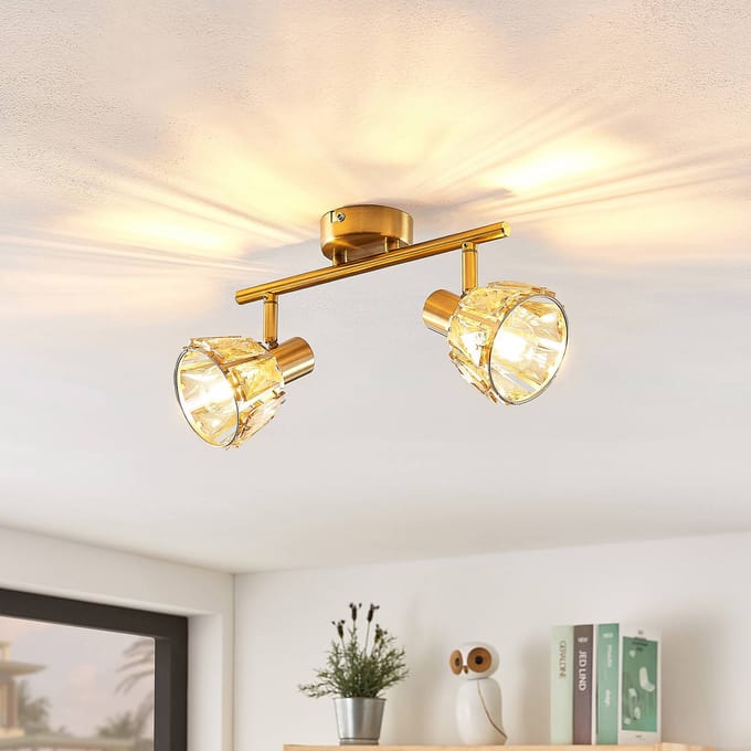 Lindby - plafondlamp - 2lichts - glas, staal - H: 18 cm - E14 - helder, messing
