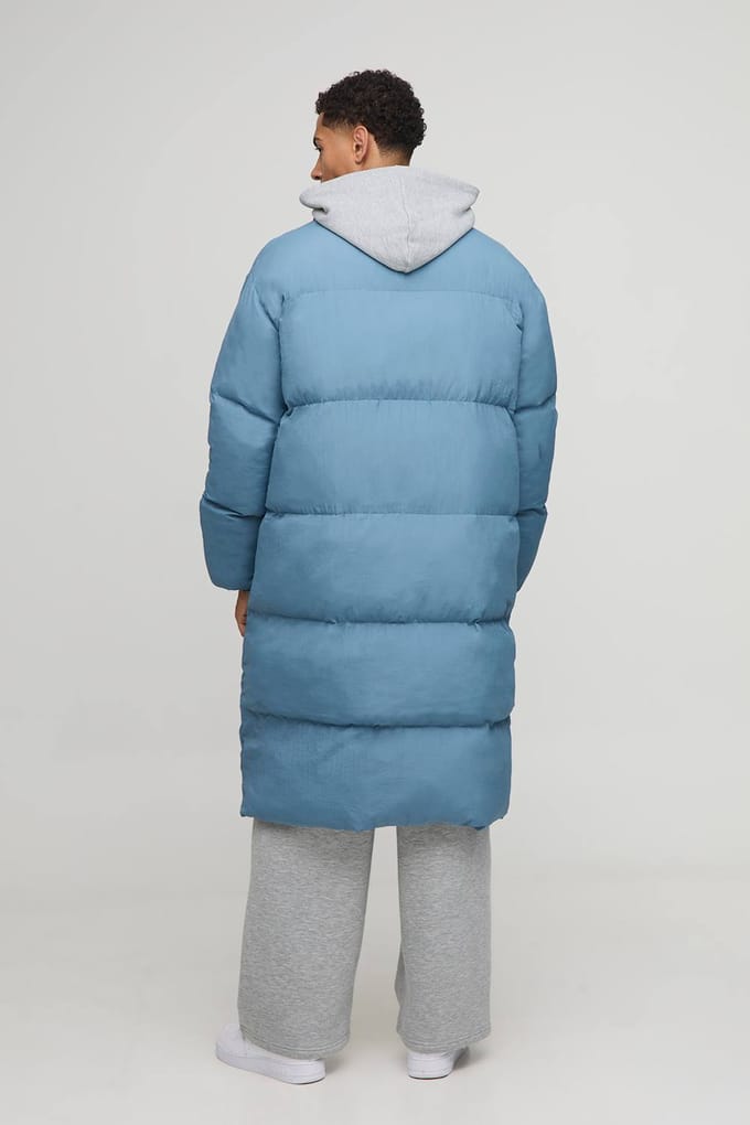 Oversized Crinkle Nylon Funnel Neck Longline Puffer Jacket | Light Blue | Size Medium