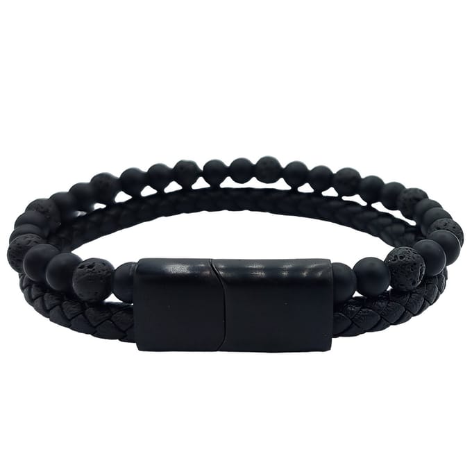 Rhylane – Heren Armband - Leder & Lavasteen – Edelstaal sluiting – Mat Zwart – 21 cm