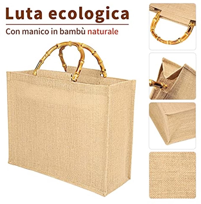 Draagbare Boodschappentas van Jute met Bamboe Handgrepen - Perfect voor Winkelen en Picknicks