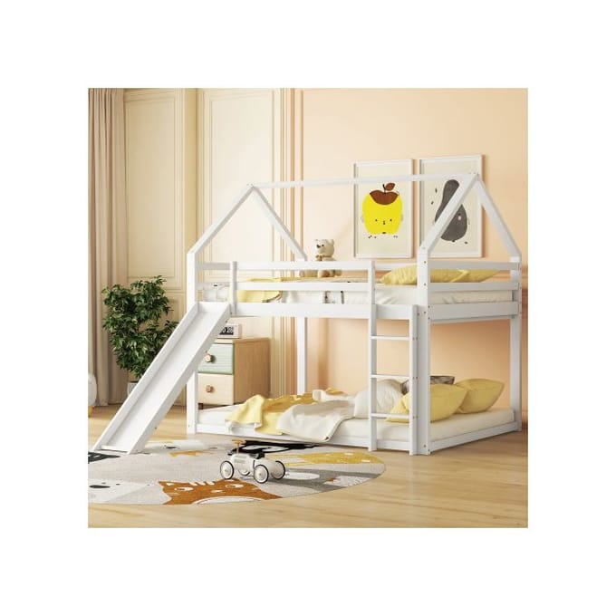 Stapelbed - MUVOE - 140x200 cm - Wit - Glijbaan - Verwisselbare ladder wit