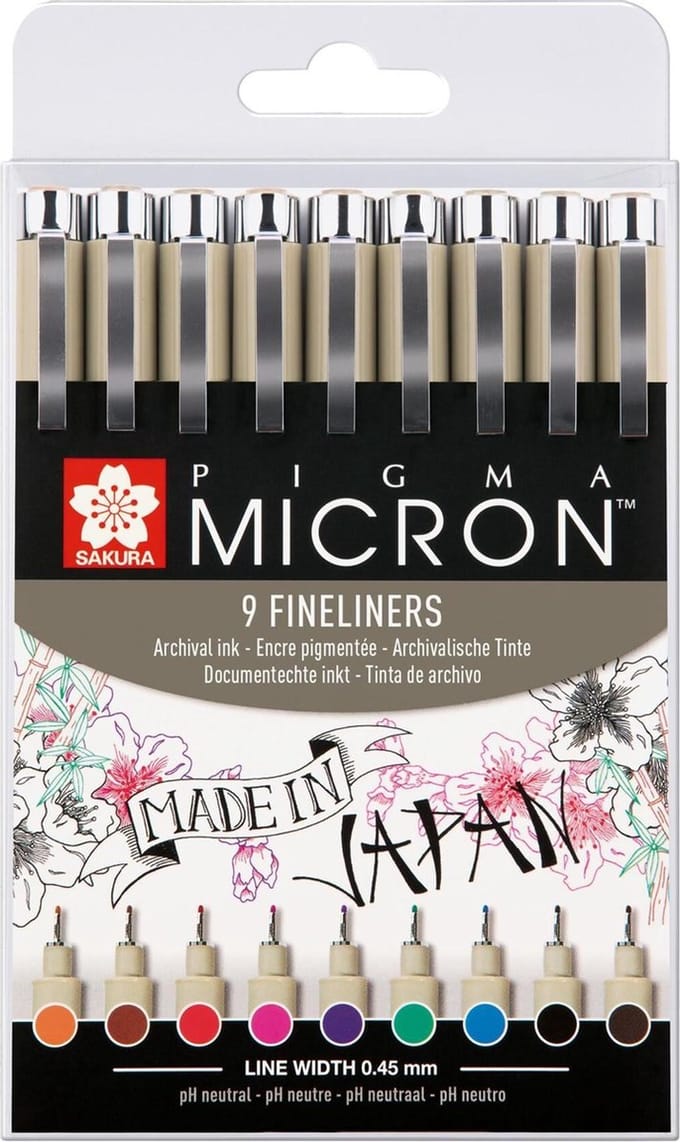 Fineliner sakura pigma micron 05 0.45mm 9 kleuren | 6 stuks