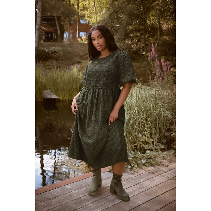 Yours Khaki Groene Gestructureerde Geruite Jurk Size 54-56