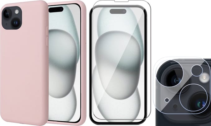 Hoesje geschikt voor iPhone 15 Plus - Screenprotector GlassGuard & Camera Lens Screen Protector - Back Cover Case SoftTouch Roze