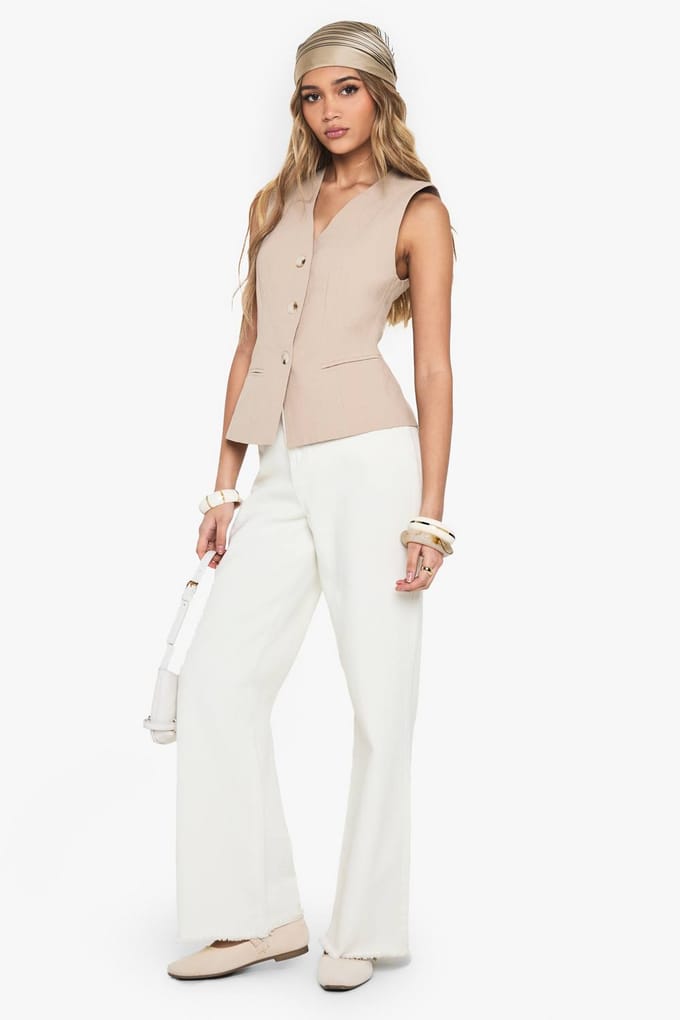 boohoo Dames Op maat gemaakte linnenlook vest met knopen | Steen | Maat: 36