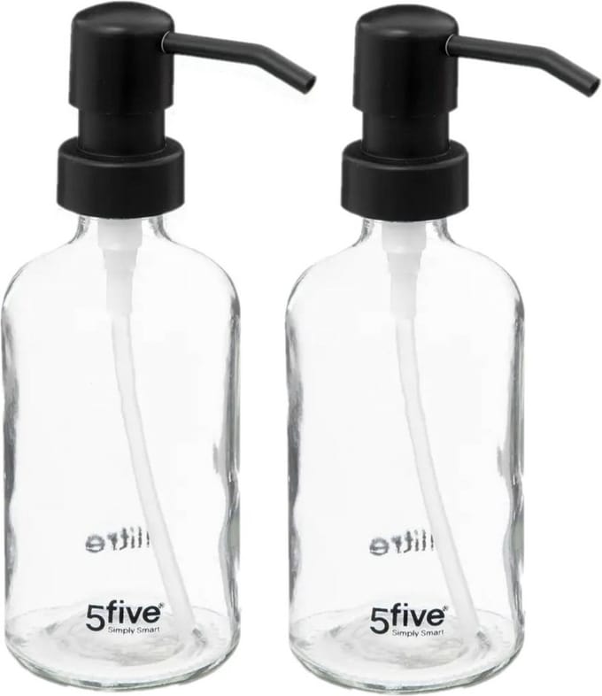 5Five Zeeppompje/dispenser - 2x - glas - transparant - 250 ml - navulbaar - toilet/keuken/badkamer