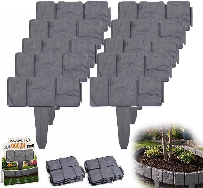 Tuinranden Imitatie Steen - Decoratieve Panelen - Bloembed Afscheiden - In elkaar grijpend Ontwerp - 10 Stuks - Grijs