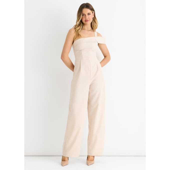 Crème Geweven Jumpsuit met één schouder en wijde pijpen