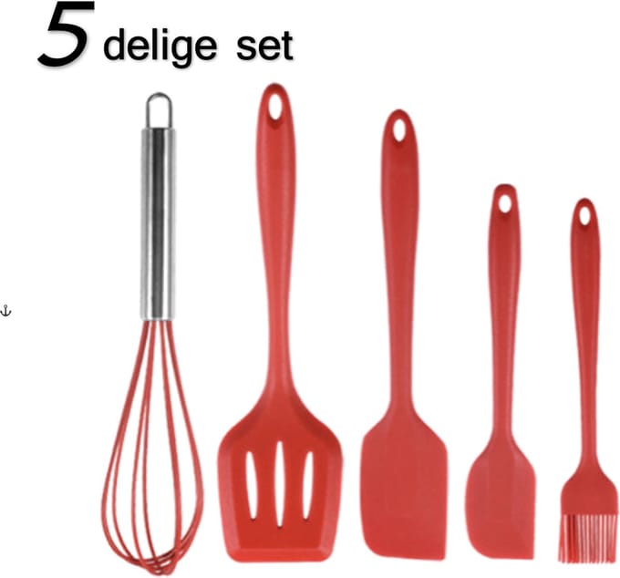 Afecto 5 delige set keukengerei - rood - borstel- klopper - 2x spatel - bakspaan -